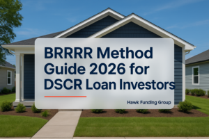 BRRRR typography design for investors with Hawk Funding Group on a dark navy real estate header.