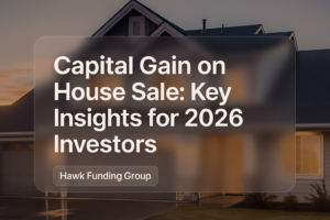 Clean typography design with bold text for 'Capital Gain on House Sale' by Hawk Funding Group, emphasizing clarity and professionalism.