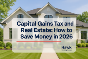 Bold typography design on a luxury home background describing capital gains tax and real estate for Hawk Funding Group.
