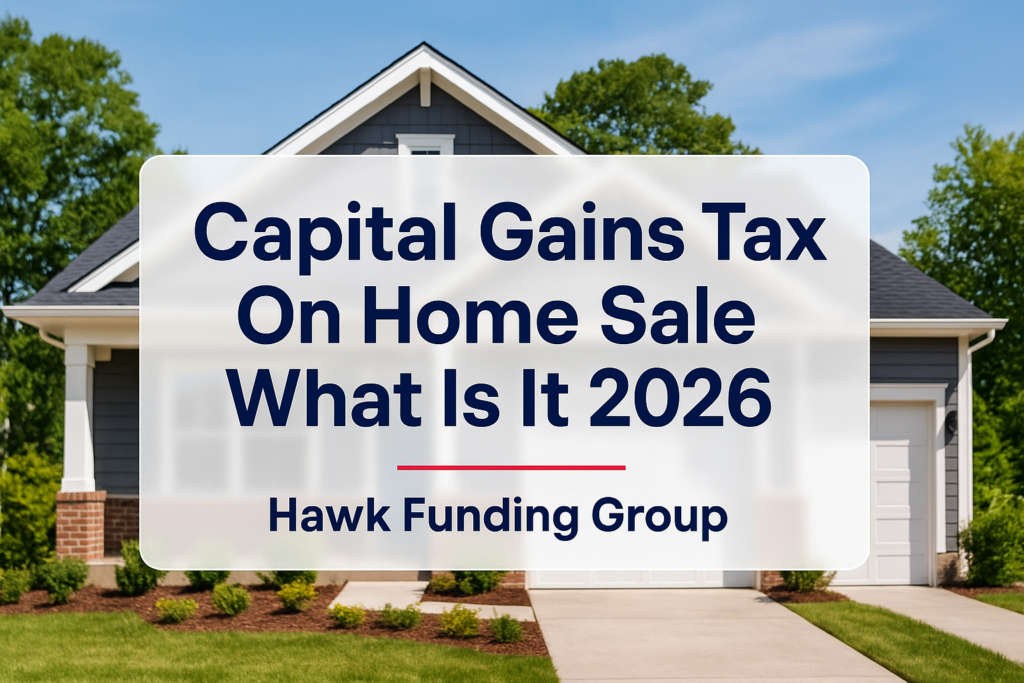 Capital gains tax on home sale typography design by Hawk Funding Group over a real estate photo background.