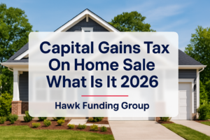 Capital gains tax on home sale typography design by Hawk Funding Group over a real estate photo background.