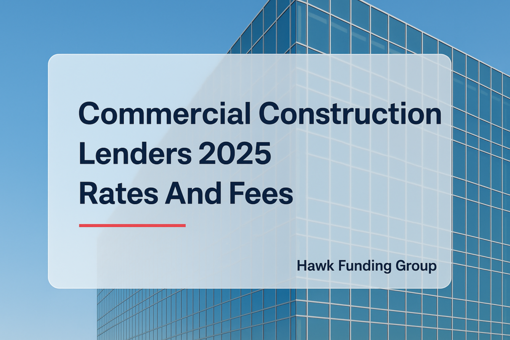 Commercial construction lenders headline design for Hawk Funding Group with bold navy typography over a glass office photo.
