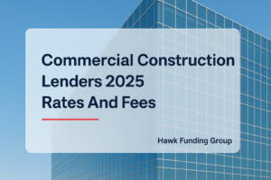Commercial construction lenders headline design for Hawk Funding Group with bold navy typography over a glass office photo.