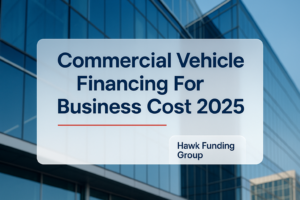 Typography design with Commercial Vehicle Financing For Business Cost 2025 headline, Hawk Funding Group branding, navy accents.