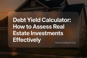Typography design displaying 'Debt Yield Calculator: How to Assess Real Estate Investments Effectively' for Hawk Funding Group, featuring clean lines and a warm color theme.