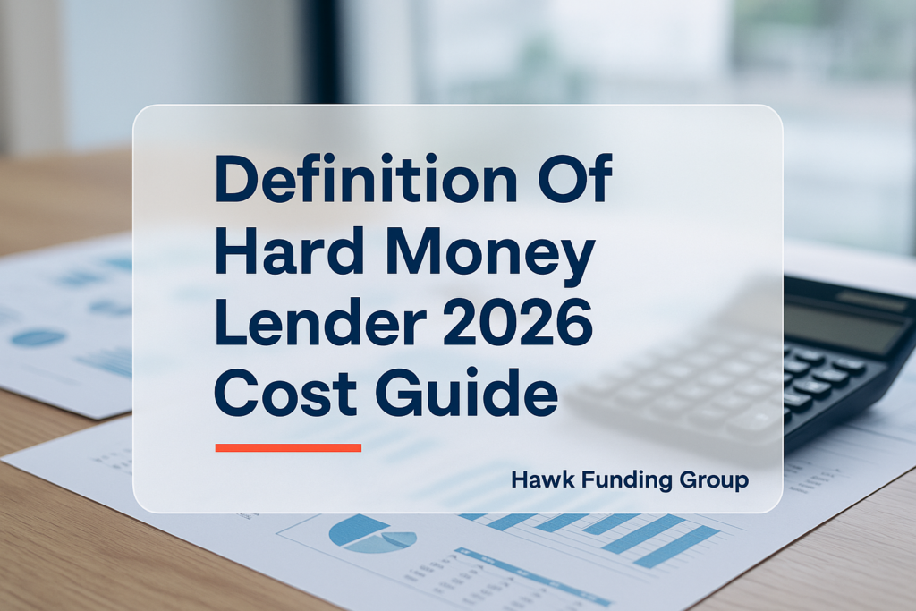 Typographic blog cover for definition of hard money lender by Hawk Funding Group over office desk photo.