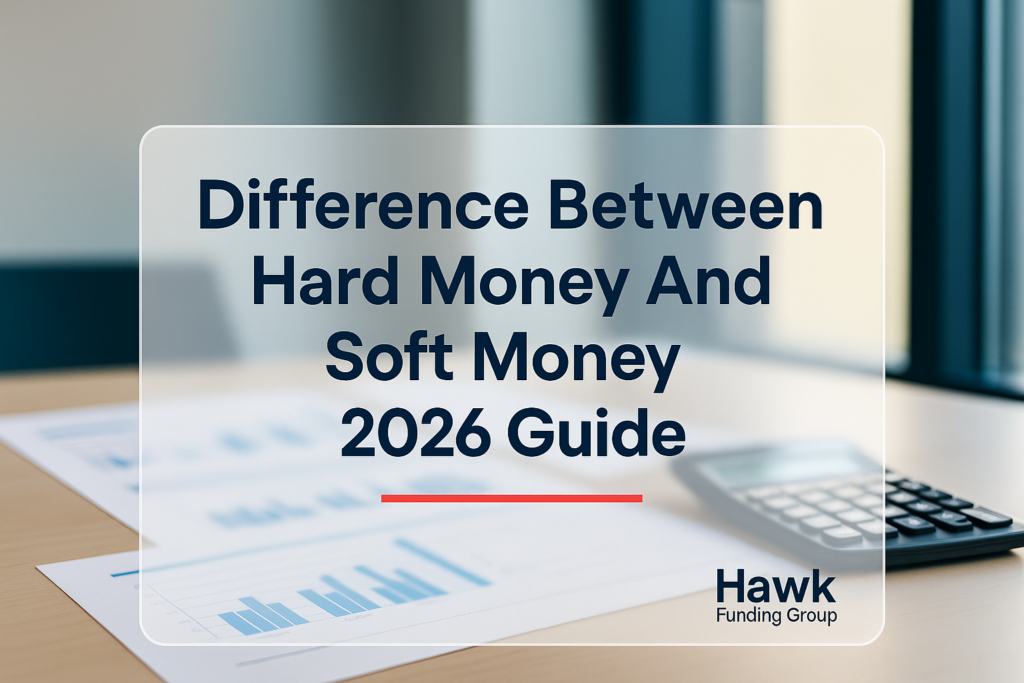 Typography design for difference between hard money and soft money by Hawk Funding Group on a clean office desk background.