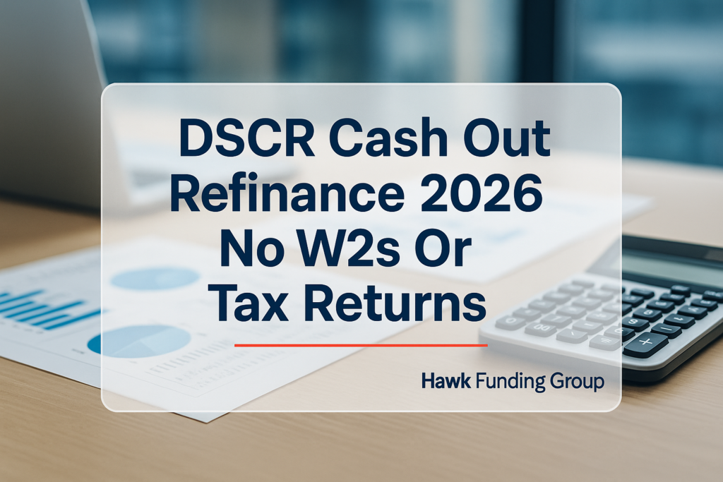 DSCR cash out refinance typography design for Hawk Funding Group over a modern office desk background.