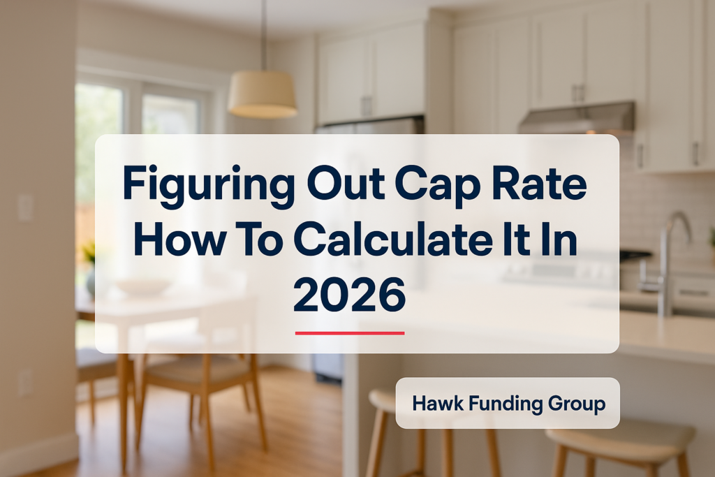Typography design for figuring out cap rate, with Hawk Funding Group branding on a modern real estate header.
