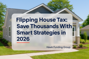 Bold typography design for 'Flipping House Tax: Save Thousands With Smart Strategies in 2026' by Hawk Funding Group.