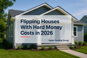 Flipping houses with hard money typography over home exterior, Hawk Funding Group branding, clean navy headline design.