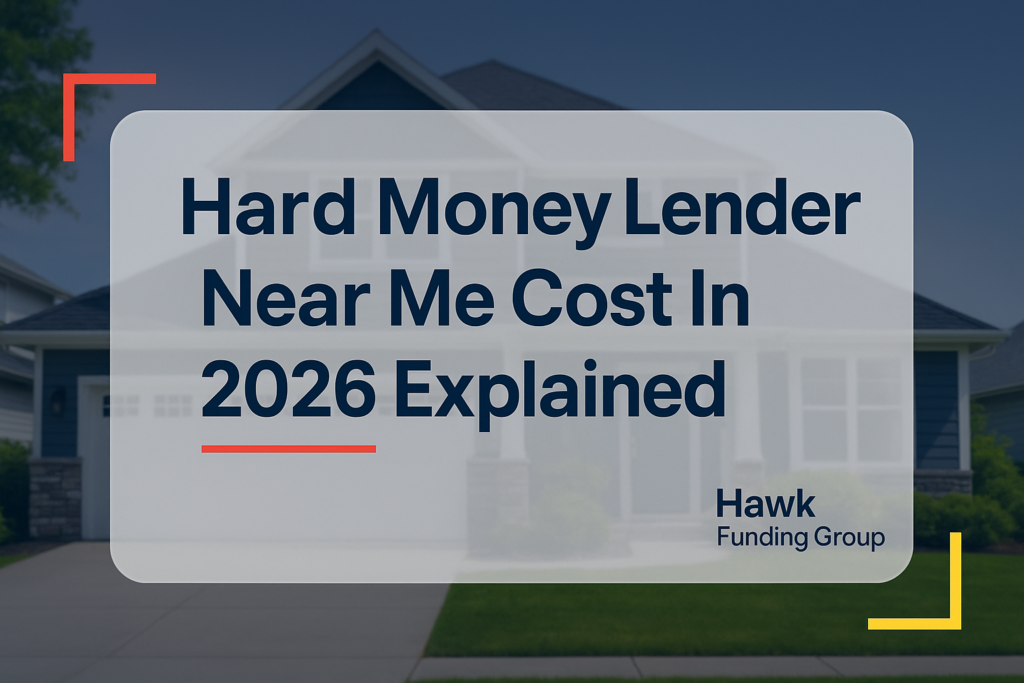 Typography design for hard money lender near me by Hawk Funding Group, bold navy headline over home exterior.