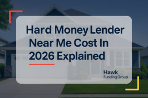 Typography design for hard money lender near me by Hawk Funding Group, bold navy headline over home exterior.