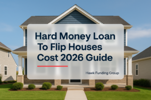 Bold hard money loan to flip houses typography over a property photo background for Hawk Funding Group.