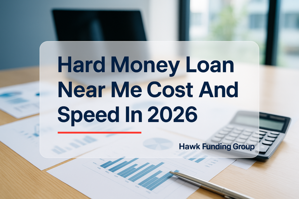 Hard money loan near me headline typography design for Hawk Funding Group on a navy financial workspace background.