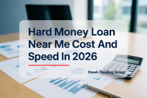 Hard money loan near me headline typography design for Hawk Funding Group on a navy financial workspace background.