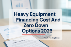 Heavy equipment financing typography design with Hawk Funding Group on a clean navy financial header.