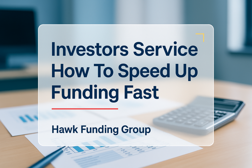Investors service typography design by Hawk Funding Group on a dark navy financial workspace background.