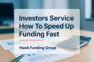 Investors service typography design by Hawk Funding Group on a dark navy financial workspace background.