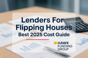 Typography design for lenders for flipping houses by Hawk Funding Group, with bold navy headline over office desk background.