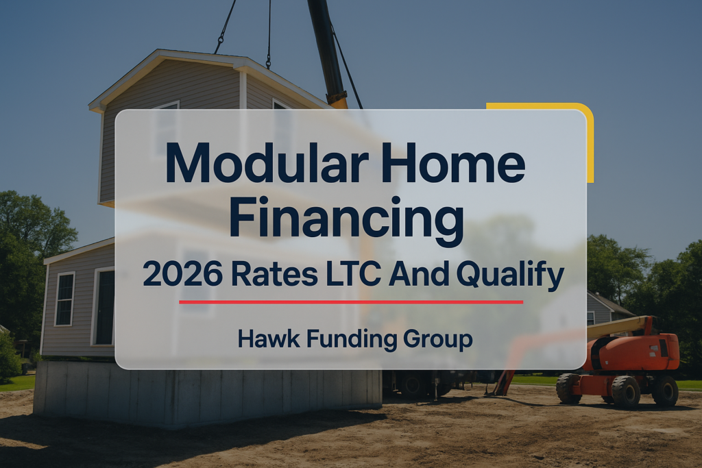Typography design for modular home financing with Hawk Funding Group branding on a dark navy layout.