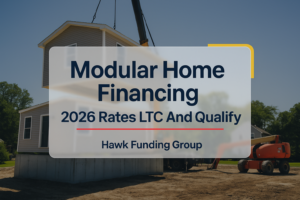 Typography design for modular home financing with Hawk Funding Group branding on a dark navy layout.