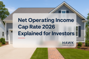 Net operating income cap rate typography design for Hawk Funding Group with bold navy headline and real estate background.