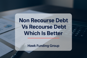 Typography header for non recourse debt vs recourse debt by Hawk Funding Group on a desk background.