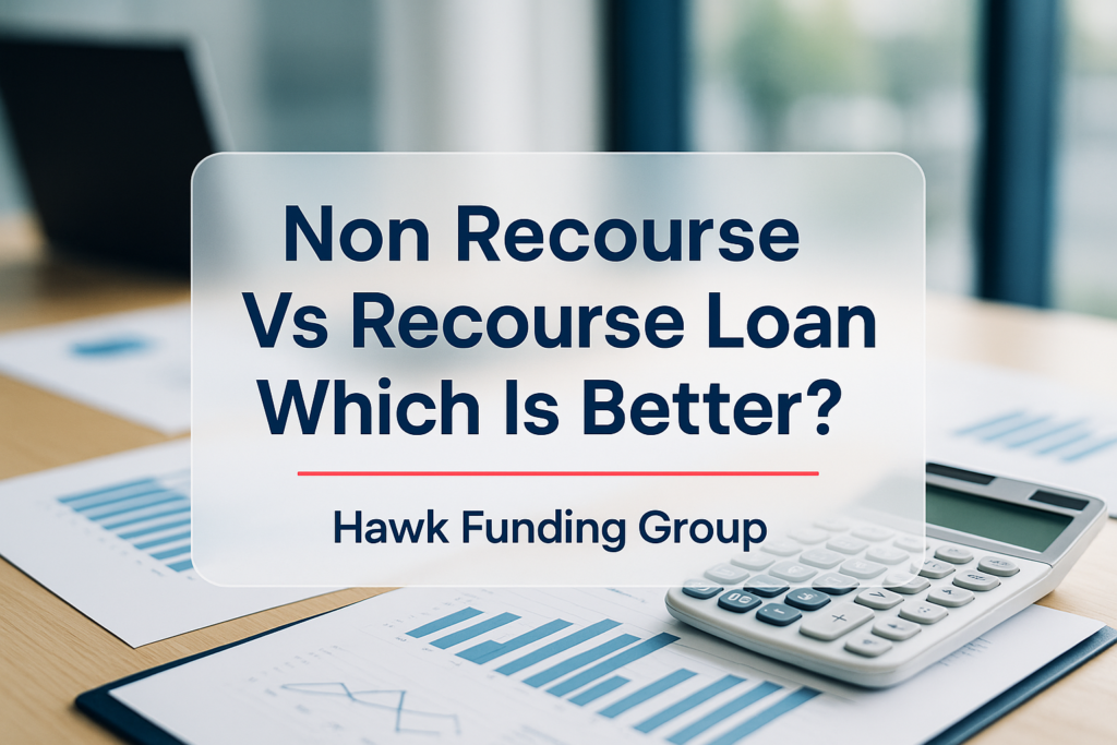 Non recourse vs recourse loan typography design by Hawk Funding Group over a modern office desk photo.