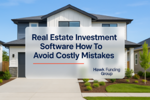 Real estate investment software headline design for Hawk Funding Group, bold navy typography over a property photo.