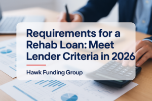 Typography design with 'Requirements for a Rehab Loan: Meet Lender Criteria in 2026' in dark navy by Hawk Funding Group.