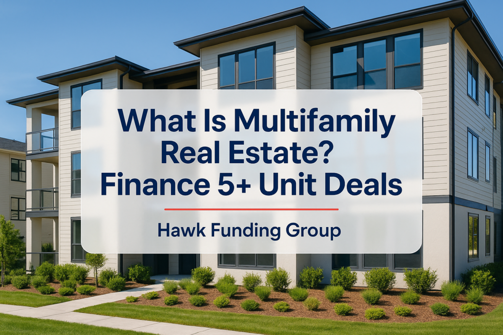 Multifamily real estate typography design with Hawk Funding Group branding on a modern building background.