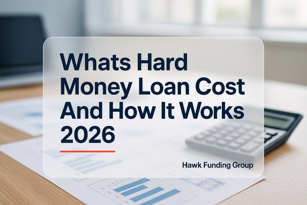 Whats Hard Money Loan typography design by Hawk Funding Group, clean navy headline over office desk background.