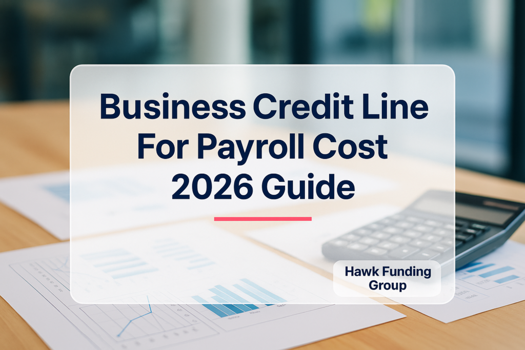 Business credit line for payroll typography design for Hawk Funding Group with navy headline on finance desk background.