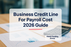 Business credit line for payroll typography design for Hawk Funding Group with navy headline on finance desk background.