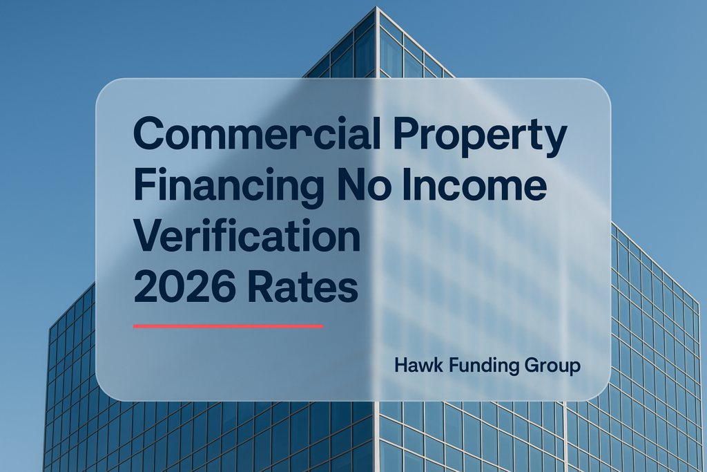 Typography design for commercial property financing no income verification by Hawk Funding Group, bold navy headline on office building backdrop.