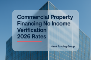 Typography design for commercial property financing no income verification by Hawk Funding Group, bold navy headline on office building backdrop.