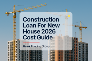 Construction loan for new house typography design by Hawk Funding Group on a navy header with modern text.