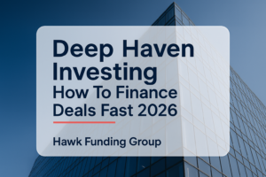 Deep Haven typography header with Hawk Funding Group branding on a dark navy finance design.
