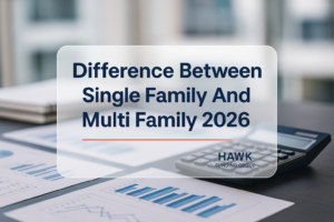 Difference between single family and multi family typography design for Hawk Funding Group, clean navy finance blog header.