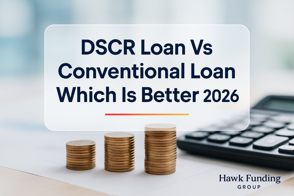 DSCR loan vs conventional loan headline design for Hawk Funding Group on a finance photo background.