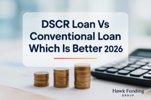 DSCR loan vs conventional loan headline design for Hawk Funding Group on a finance photo background.