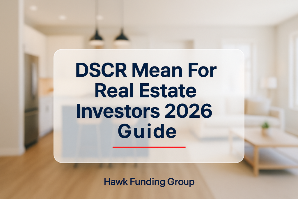 Typography header for dscr mean guide with Hawk Funding Group on a modern home interior background.