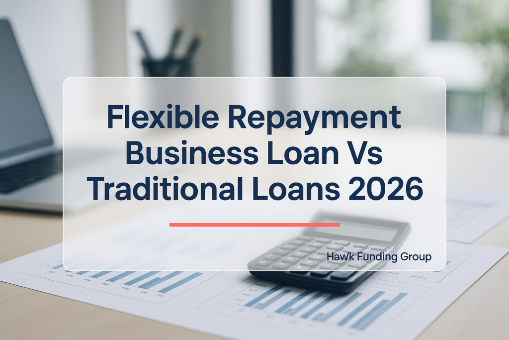 Typography design for flexible repayment business loan by Hawk Funding Group on a clean finance desk backdrop.