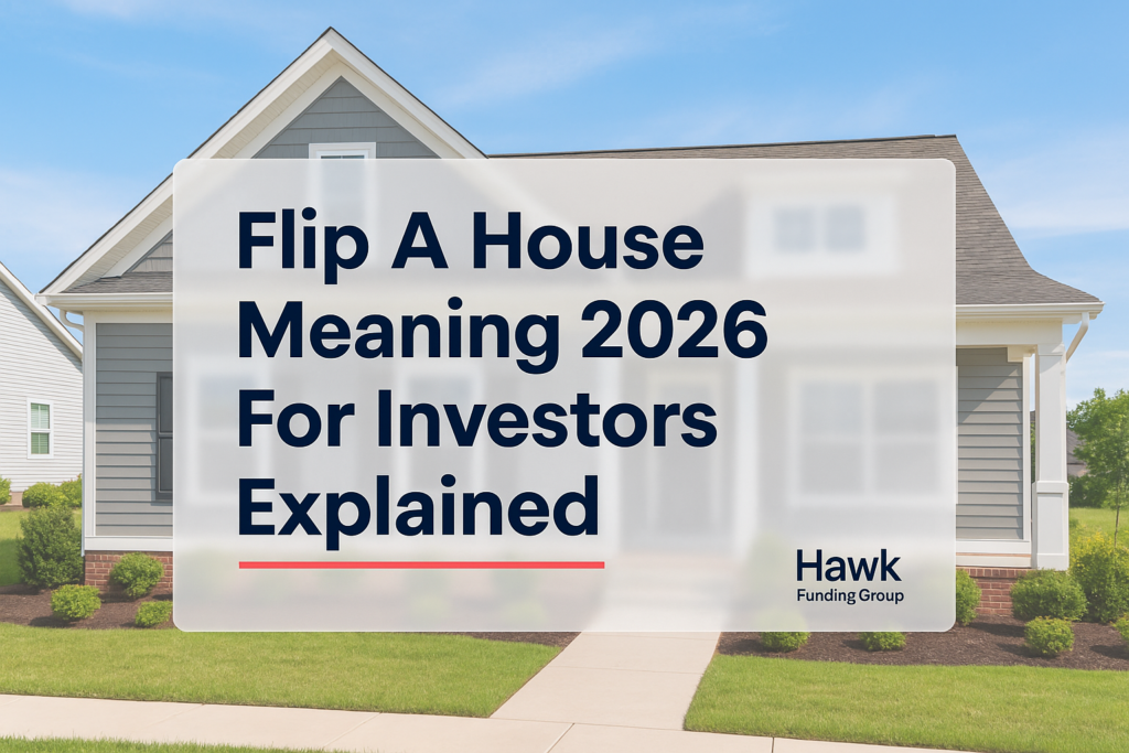 flip a house meaning typography design with Hawk Funding Group over a real estate photo background.