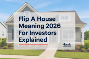 flip a house meaning typography design with Hawk Funding Group over a real estate photo background.