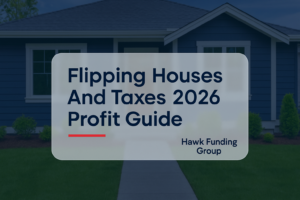 Flipping houses and taxes typography design with Hawk Funding Group on a clean navy-accented real estate header.