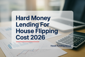 Hard money lending for house flipping typography design with Hawk Funding Group on a modern finance desk background.