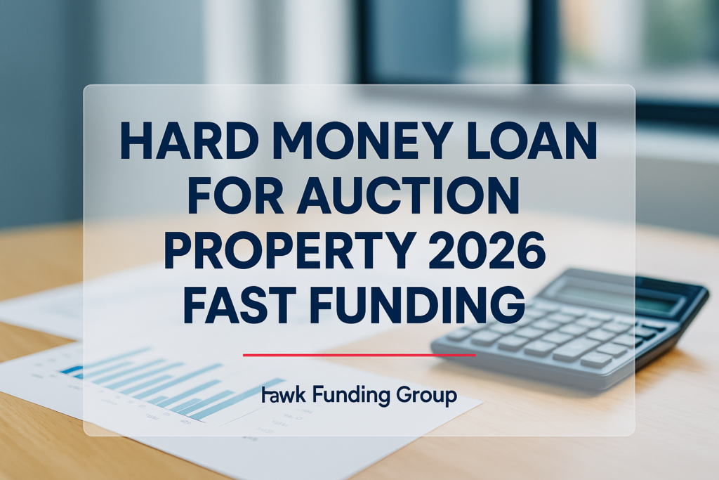 Typography design for hard money loan for auction property by Hawk Funding Group, bold navy headline over office desk background.