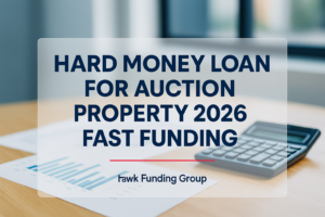 Typography design for hard money loan for auction property by Hawk Funding Group, bold navy headline over office desk background.